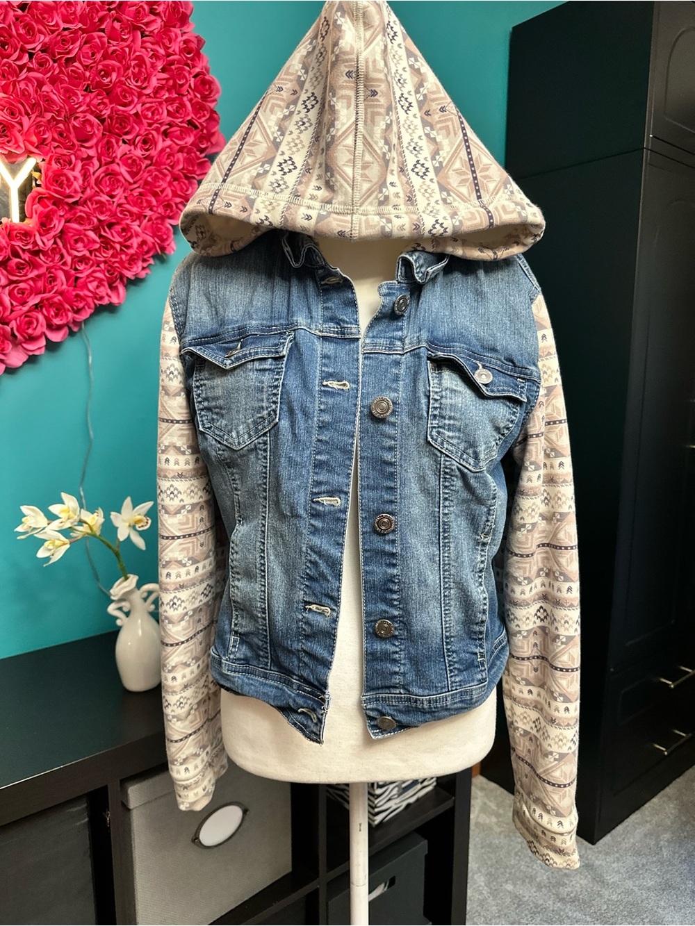 Wallflower Blue Denim Hooded Jacket with Cream Patterned Sleeves